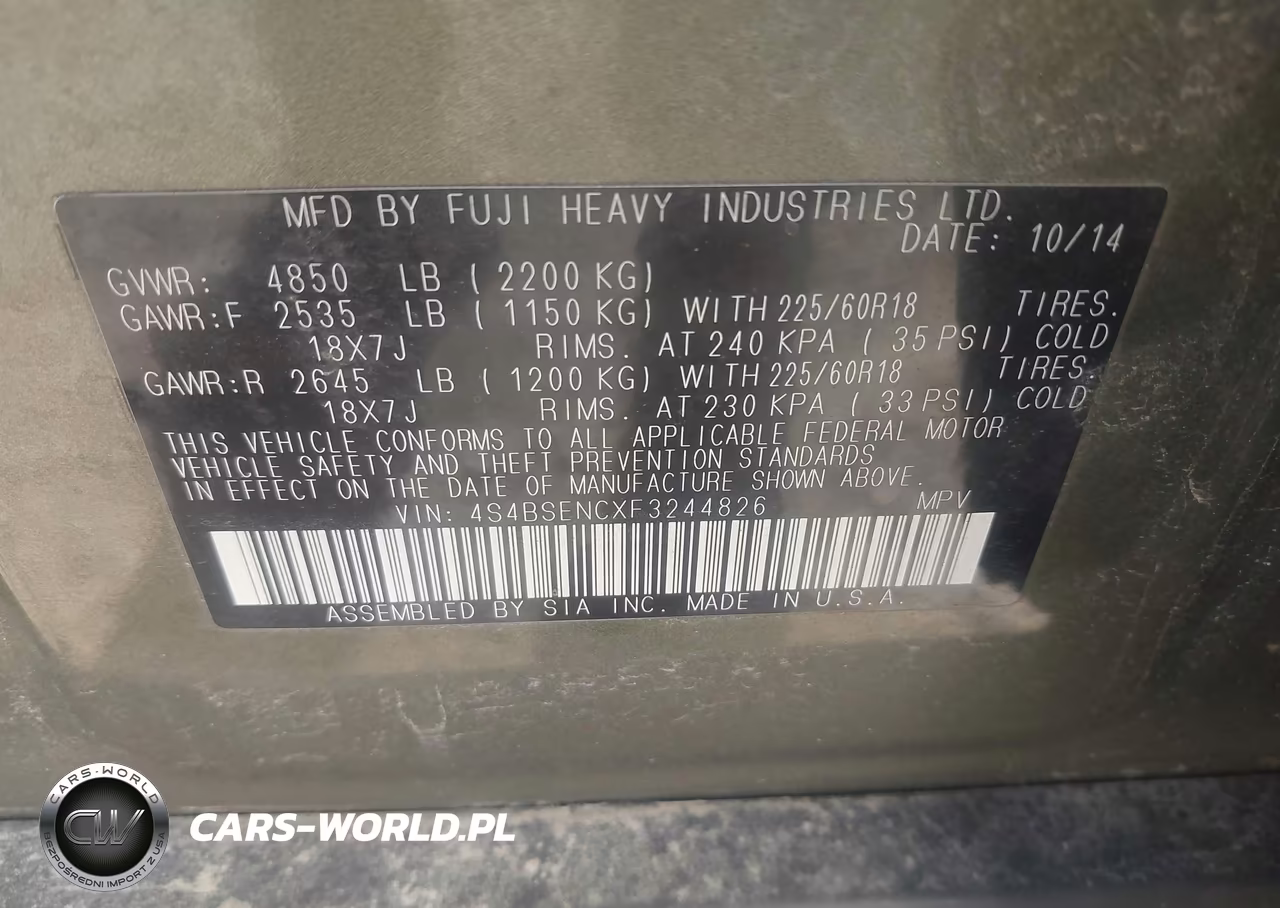 2015 Subaru Outback 3.6R Limited VIN:4S4BSENCXF3244826 - 9