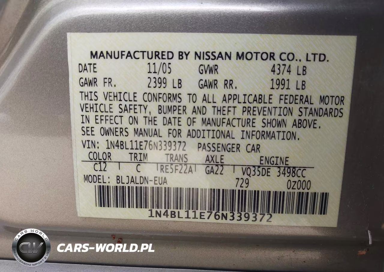 2006 Nissan Altima 3.5 Sl VIN:1N4BL11E76N339372 - 9