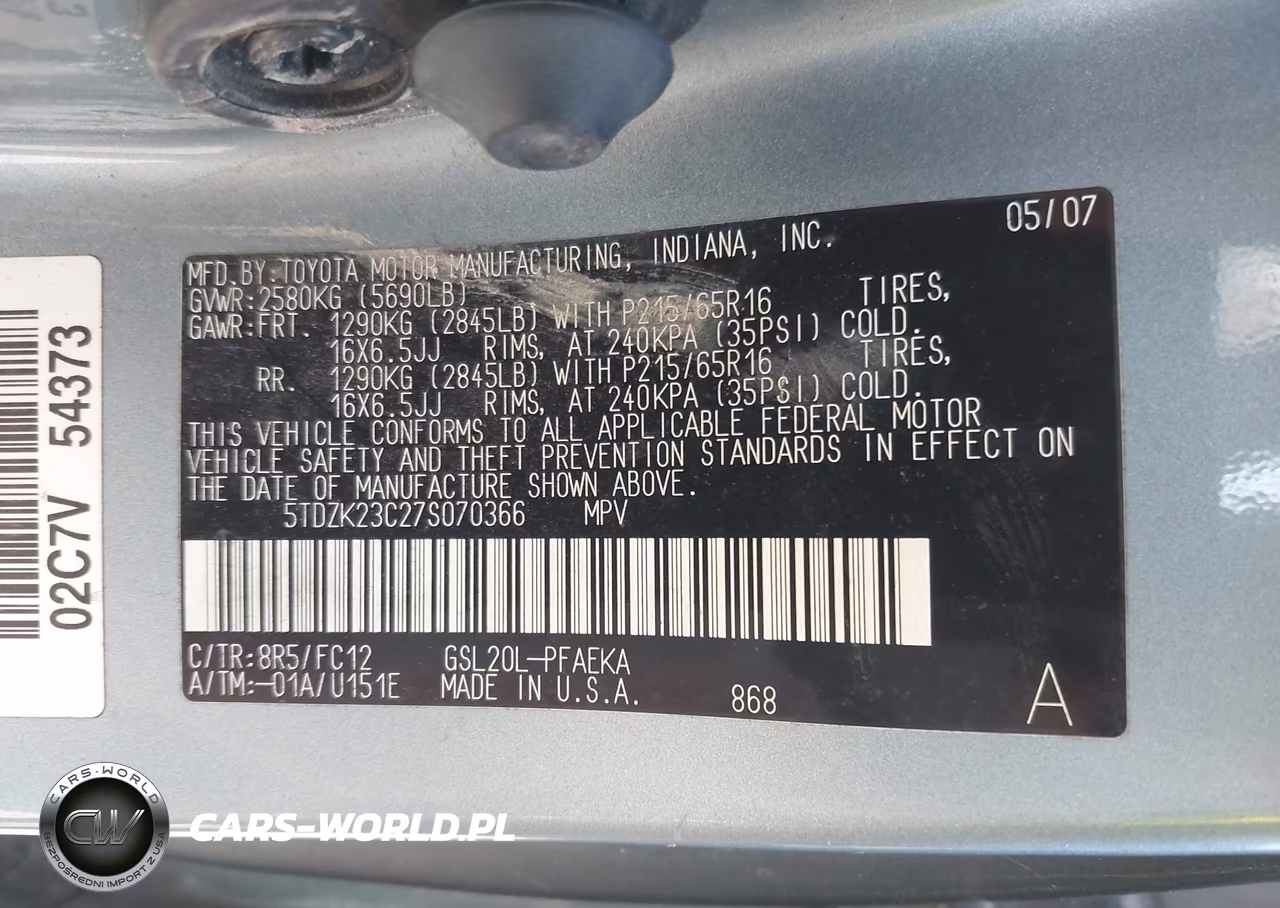 2007 Toyota Sienna Le VIN:5TDZK23C27S070366 - 9