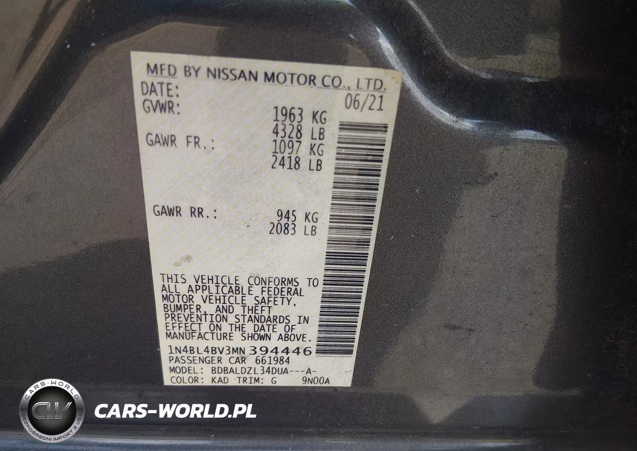 2021 Nissan Altima S Fwd VIN:1N4BL4BV3MN394446 - 9