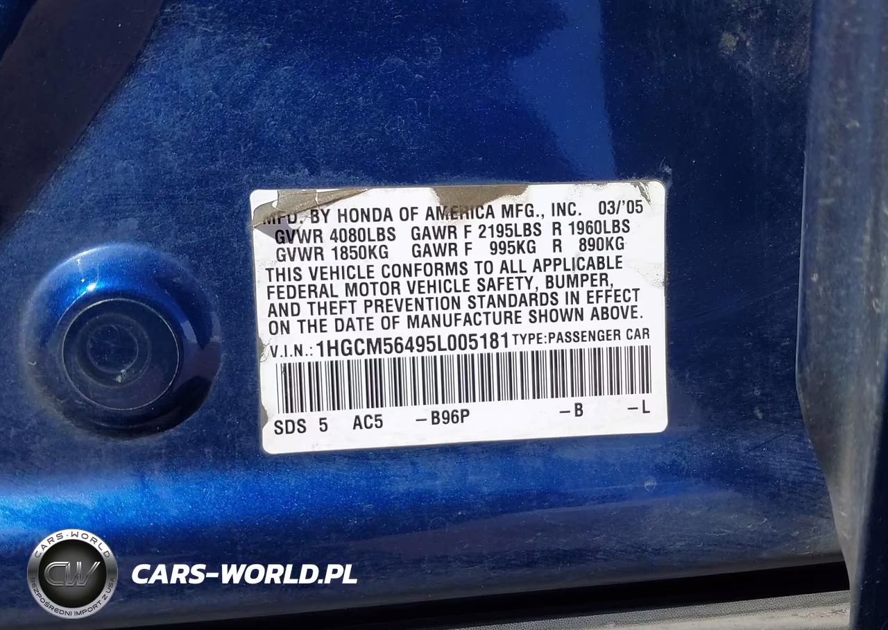 2005 Honda Accord 2.4 Lx VIN:1HGCM56495L005181 - 9