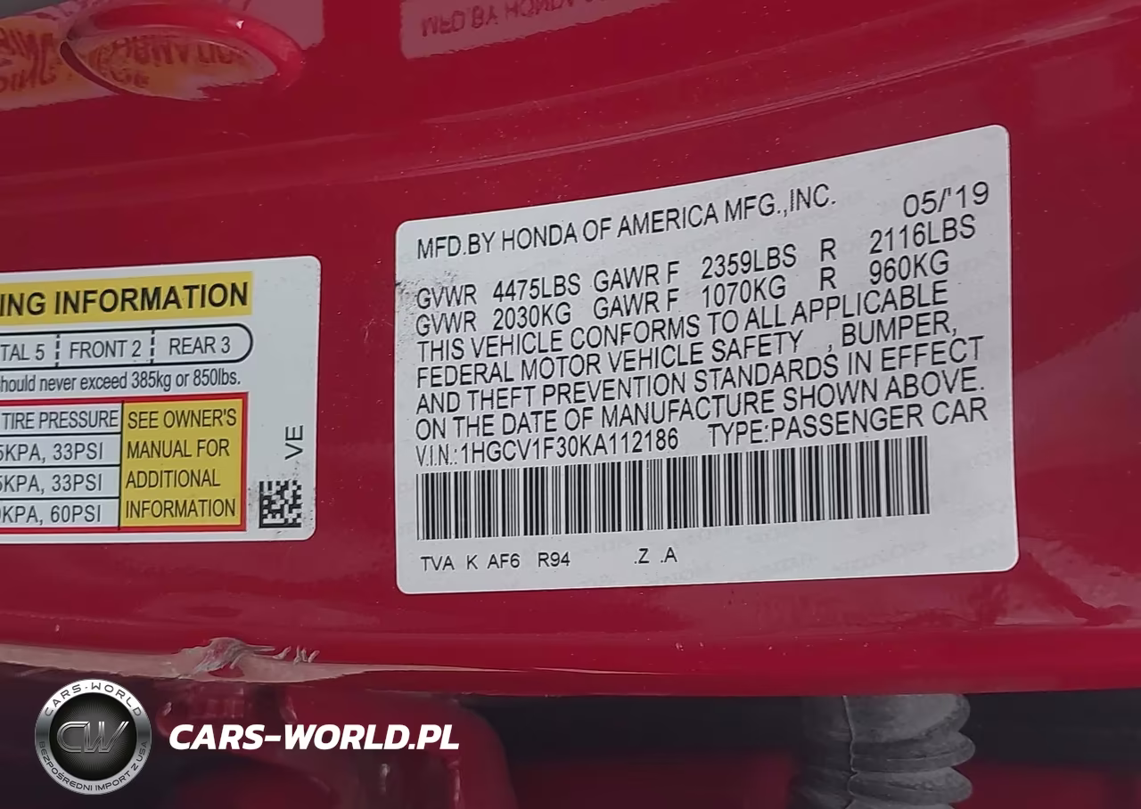 2019 Honda Accord Sport VIN:1HGCV1F30KA112186 - 9