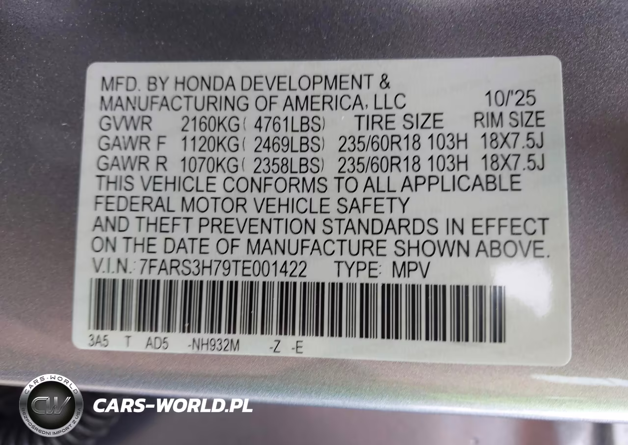 2026 Honda Cr-V Ex-L 2Wd VIN:7FARS3H79TE001422 - 9