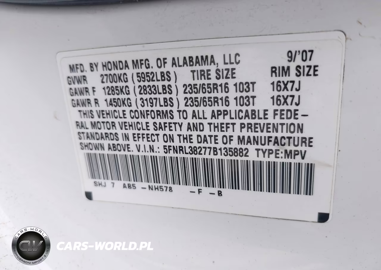 2007 Honda Odyssey Lx VIN:5FNRL38277B135882 - 9
