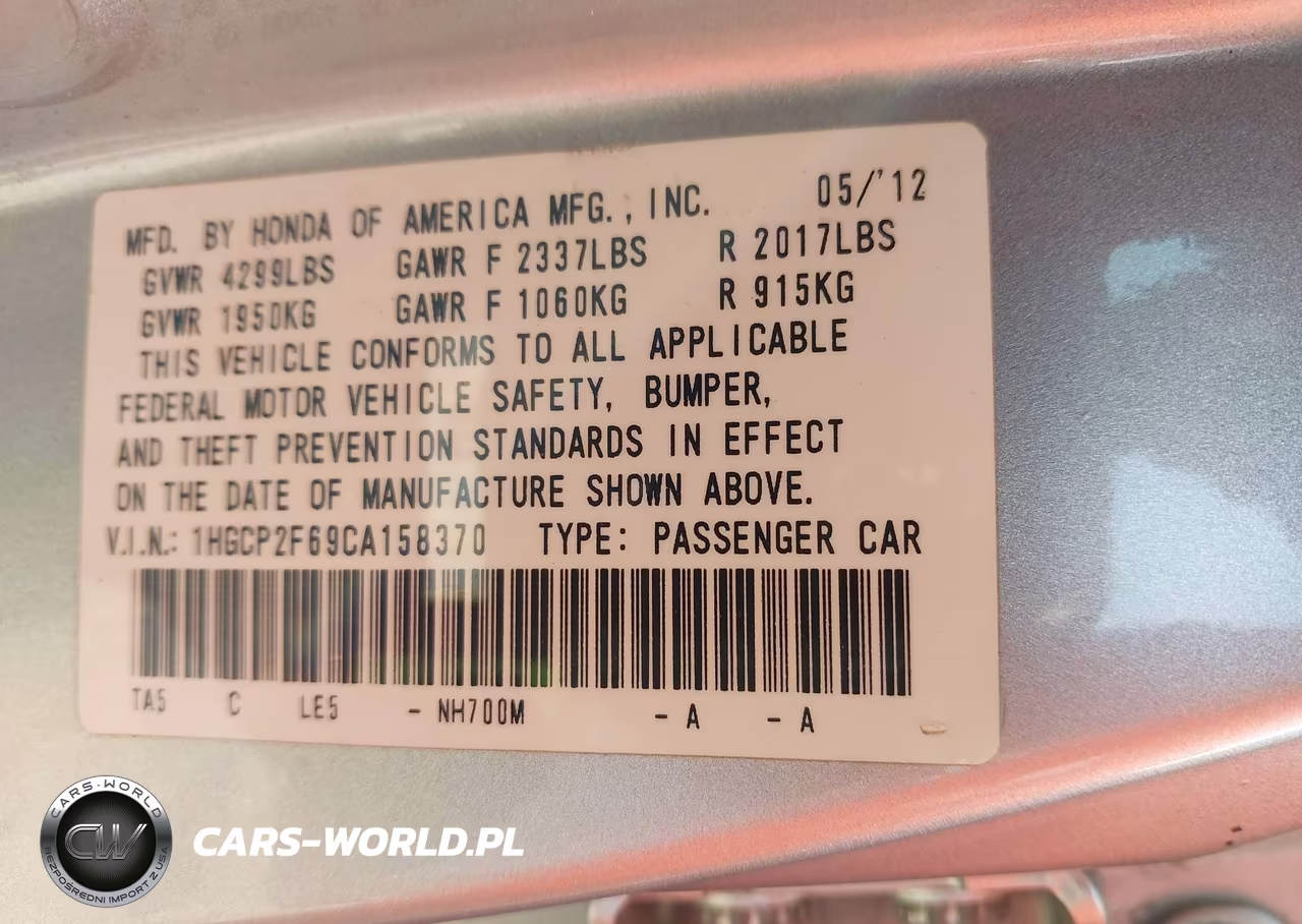 2012 Honda Accord 2.4 Se VIN:1HGCP2F69CA158370 - 9