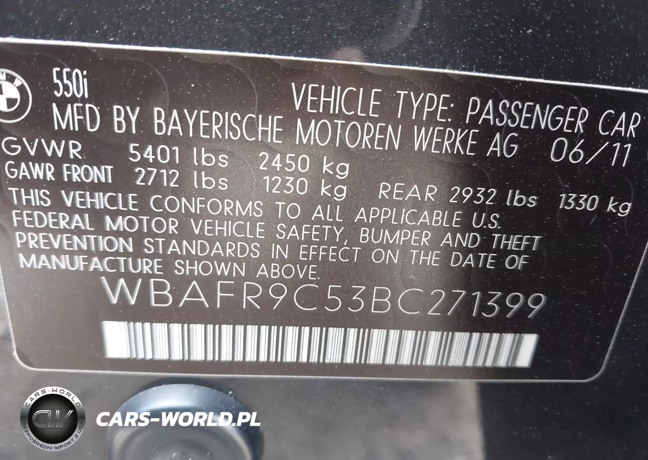 2011 BMW 550I VIN:WBAFR9C53BC271399 - 9