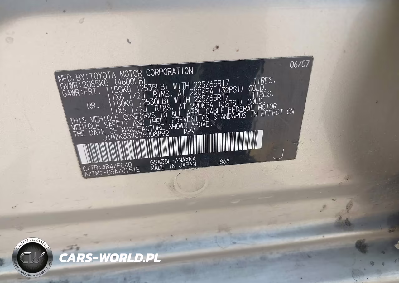 2007 Toyota Rav4 Base V6 (A5) VIN:JTMZK33V076008892 - 9