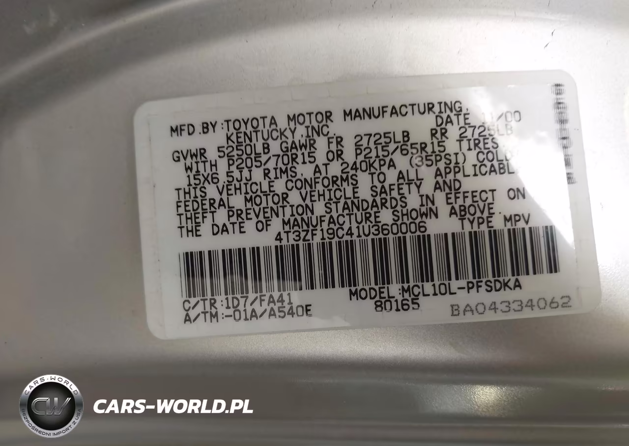 2001 Toyota Sienna Ce VIN:4T3ZF19C41U360006 - 9