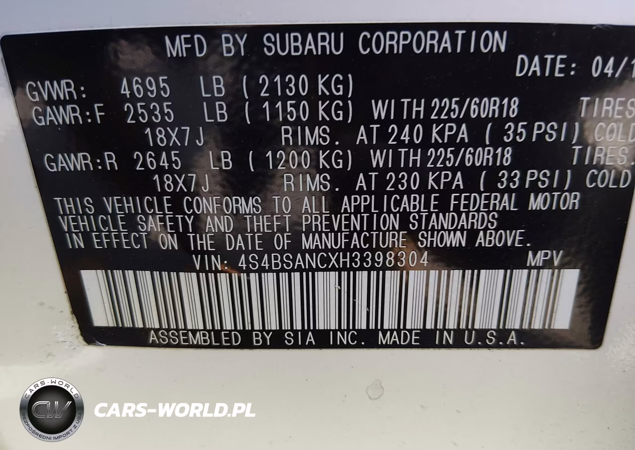 SUBARU OUTBACK 2. VIN:4S4BSANCXH3398304 - 9