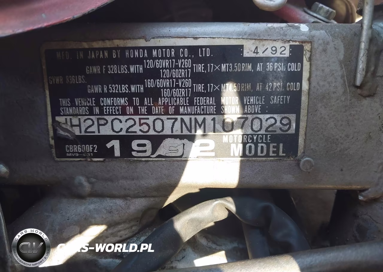 1992 Honda Cbr600 F2 VIN:JH2PC2507NM107029 - 10