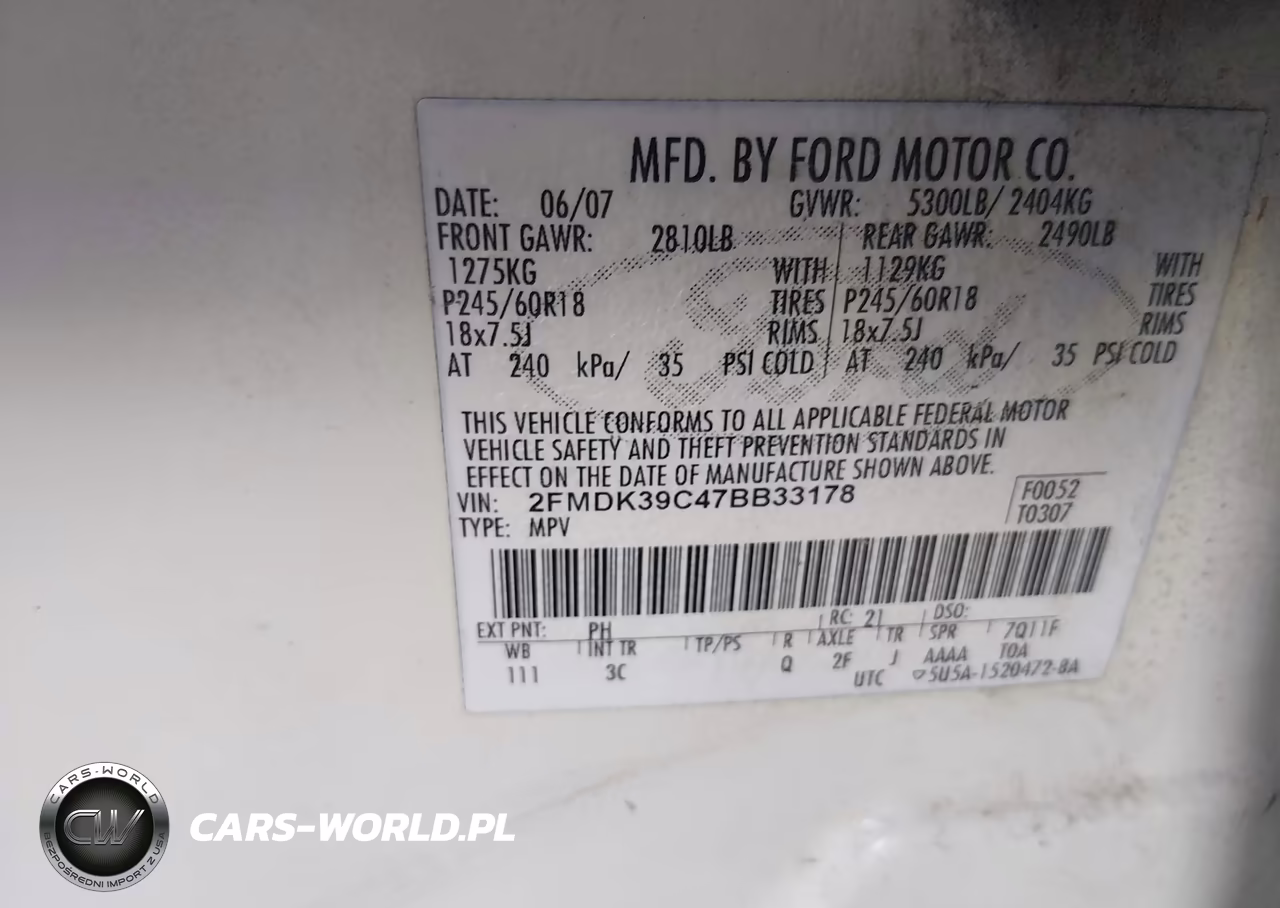 2007 Ford Edge Sel Plus VIN:2FMDK39C47BB33178 - 9