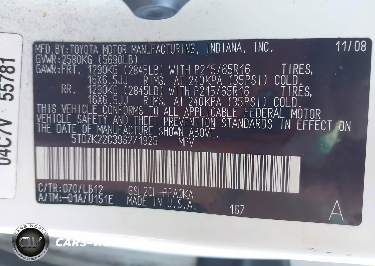 2009 Toyota Sienna Xle VIN:5TDZK22C39S271925 - 9
