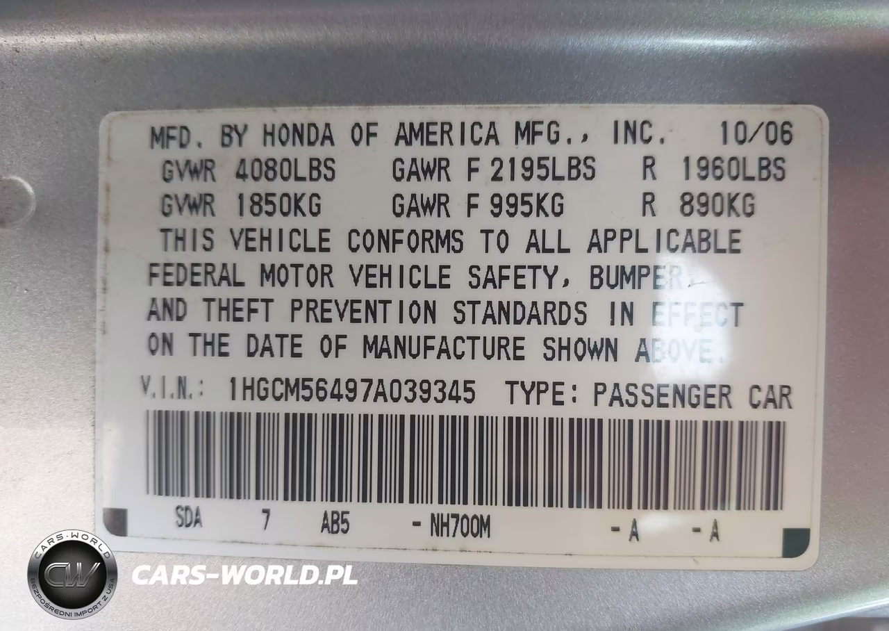 2007 Honda Accord 2.4 Lx VIN:1HGCM56497A039345 - 9