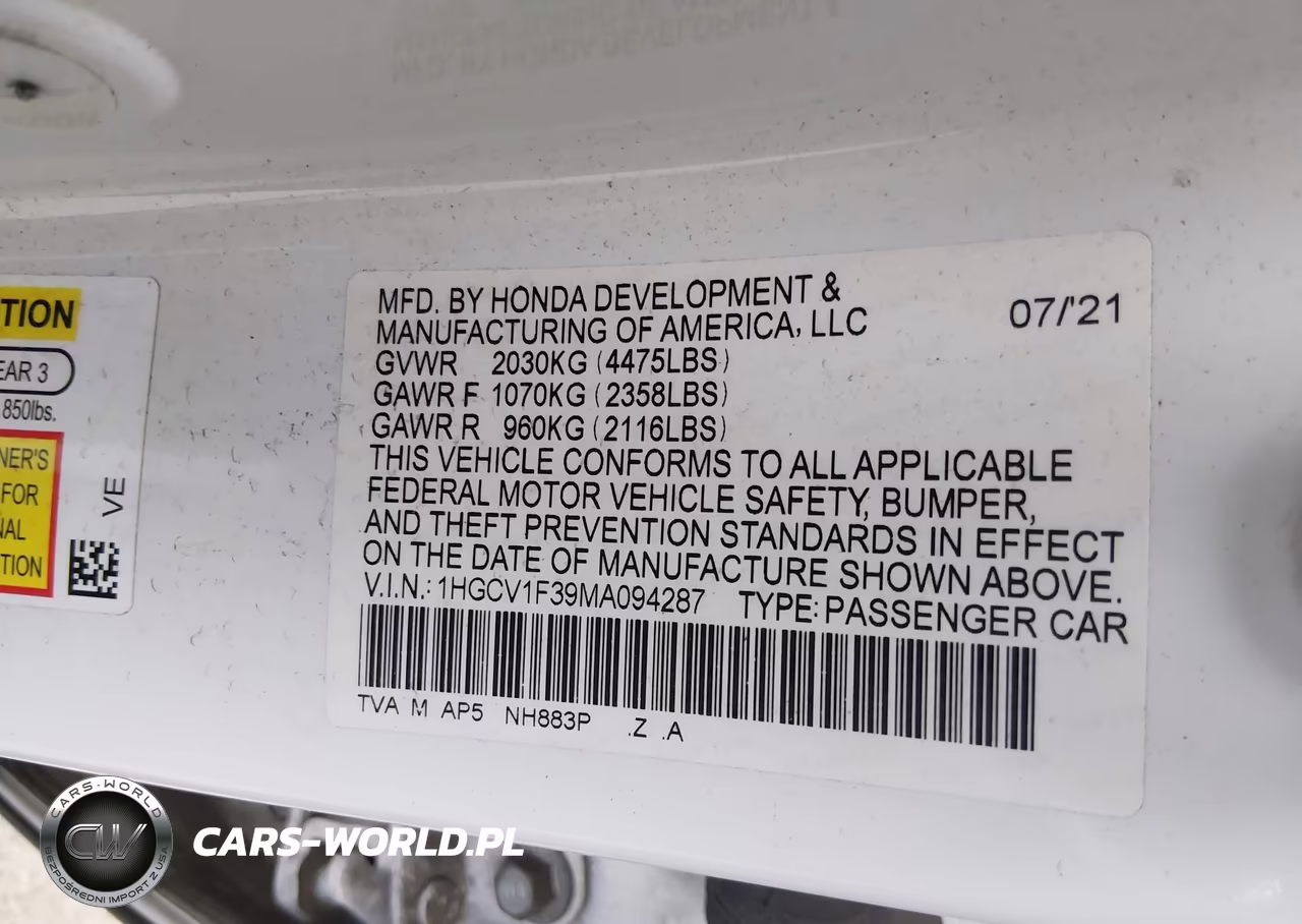 2021 Honda Accord Sport VIN:1HGCV1F39MA094287 - 9