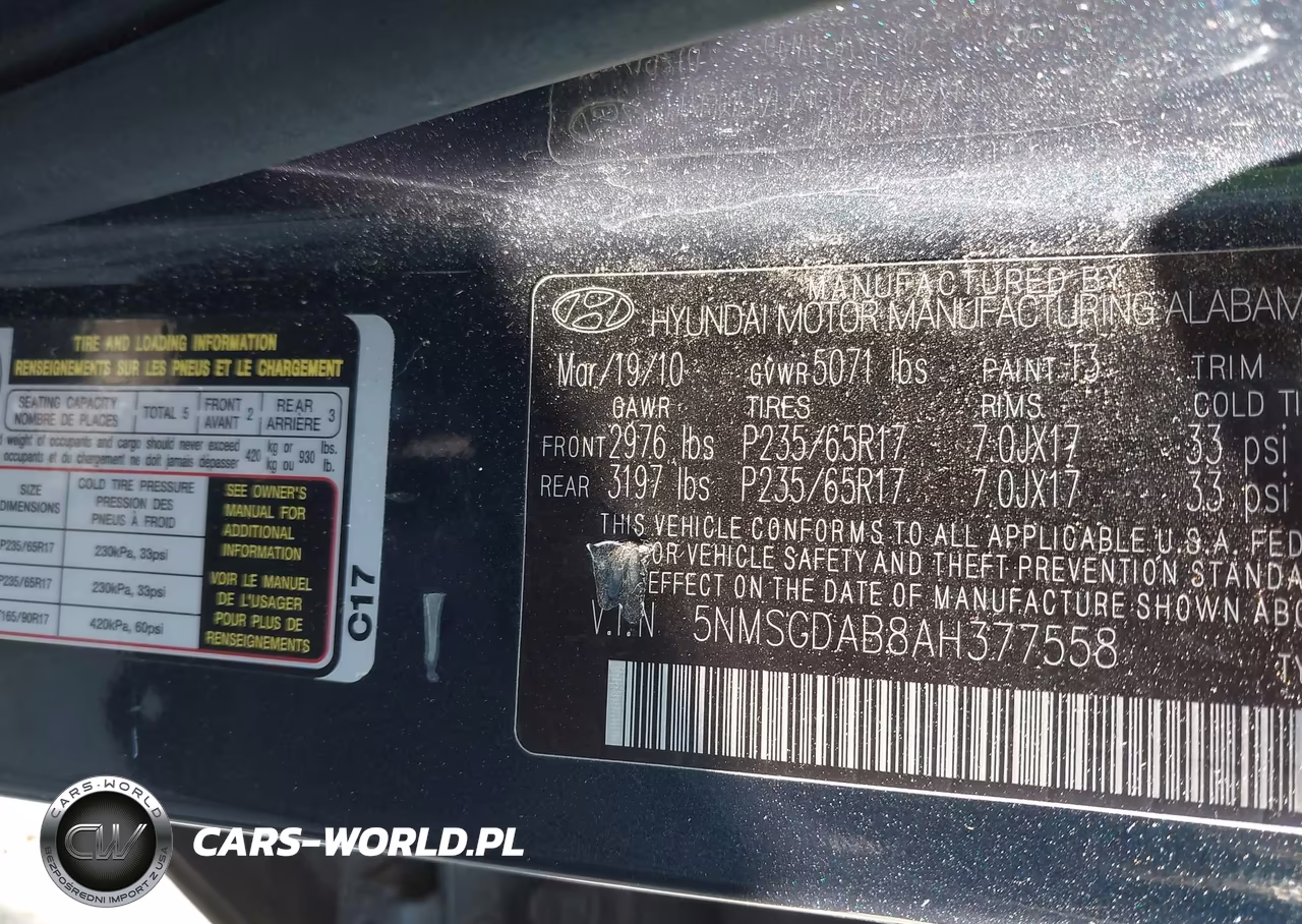 2010 Hyundai Santa Fe Gls VIN:5NMSGDAB8AH377558 - 9