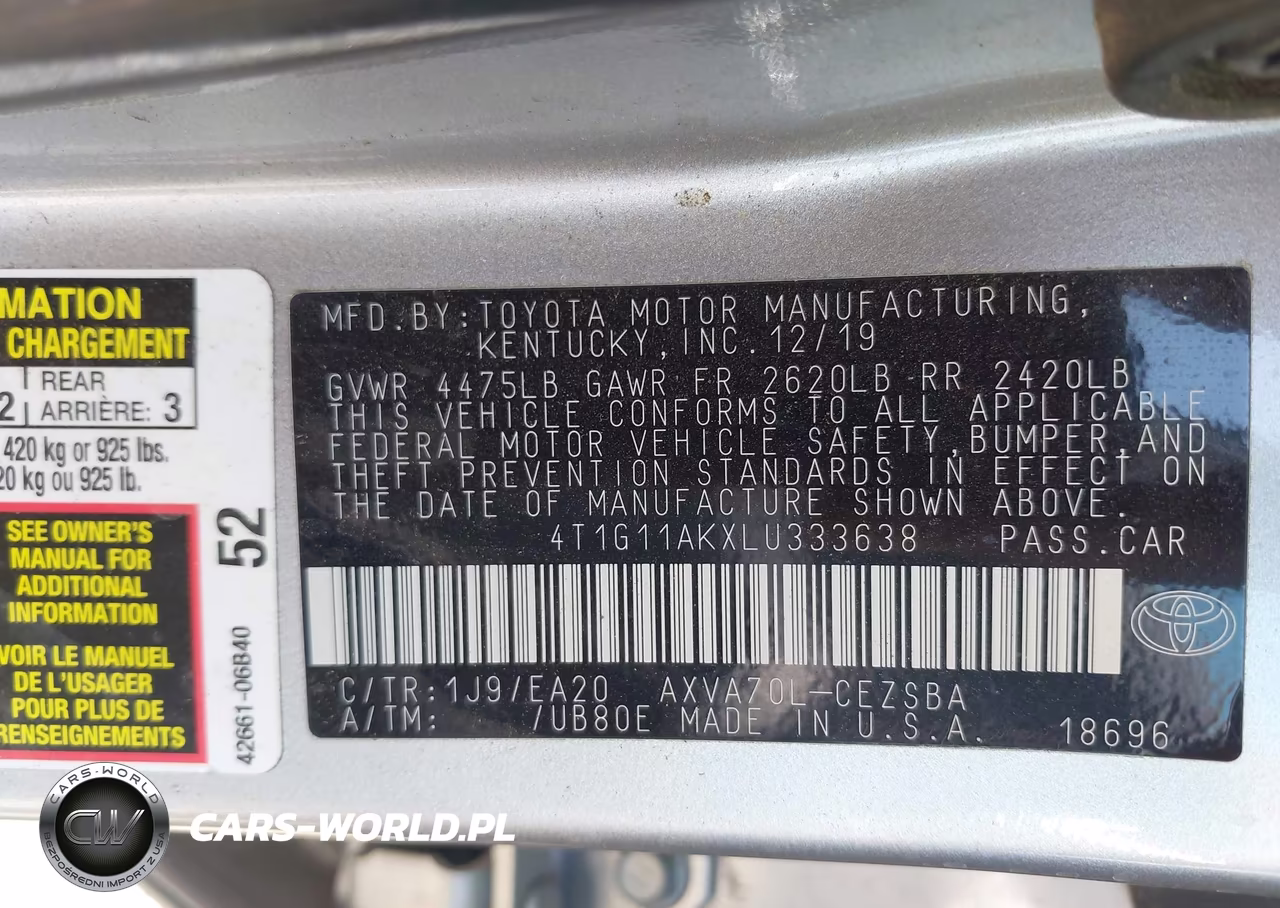 2020 Toyota Camry Se VIN:4T1G11AKXLU333638 - 9