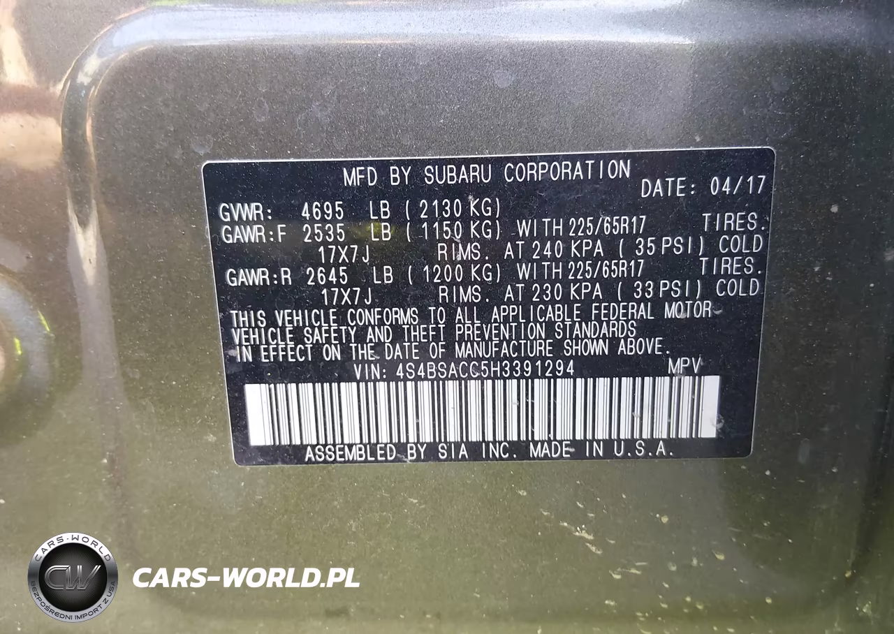 2017 Subaru Outback 2.5I Premium VIN:4S4BSACC5H3391294 - 9