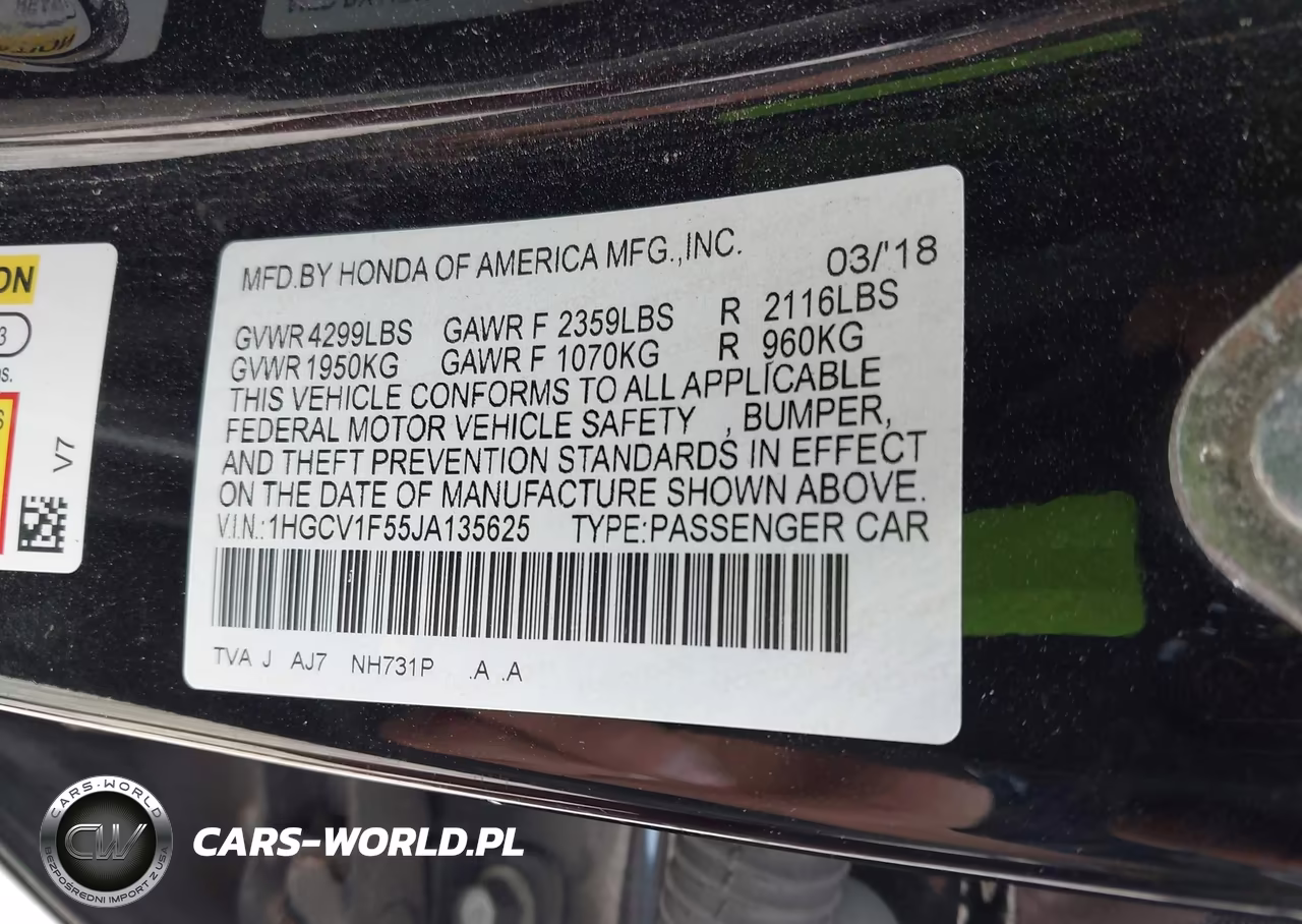 2018 Honda Accord Ex-L VIN:1HGCV1F55JA135625 - 9