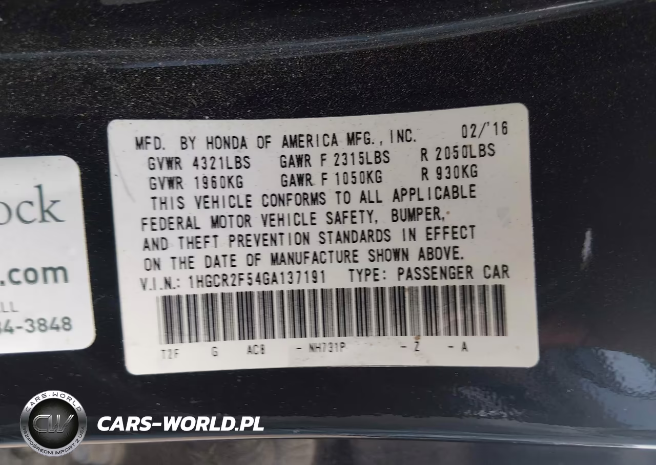 2016 Honda Accord Sport VIN:1HGCR2F54GA137191 - 9