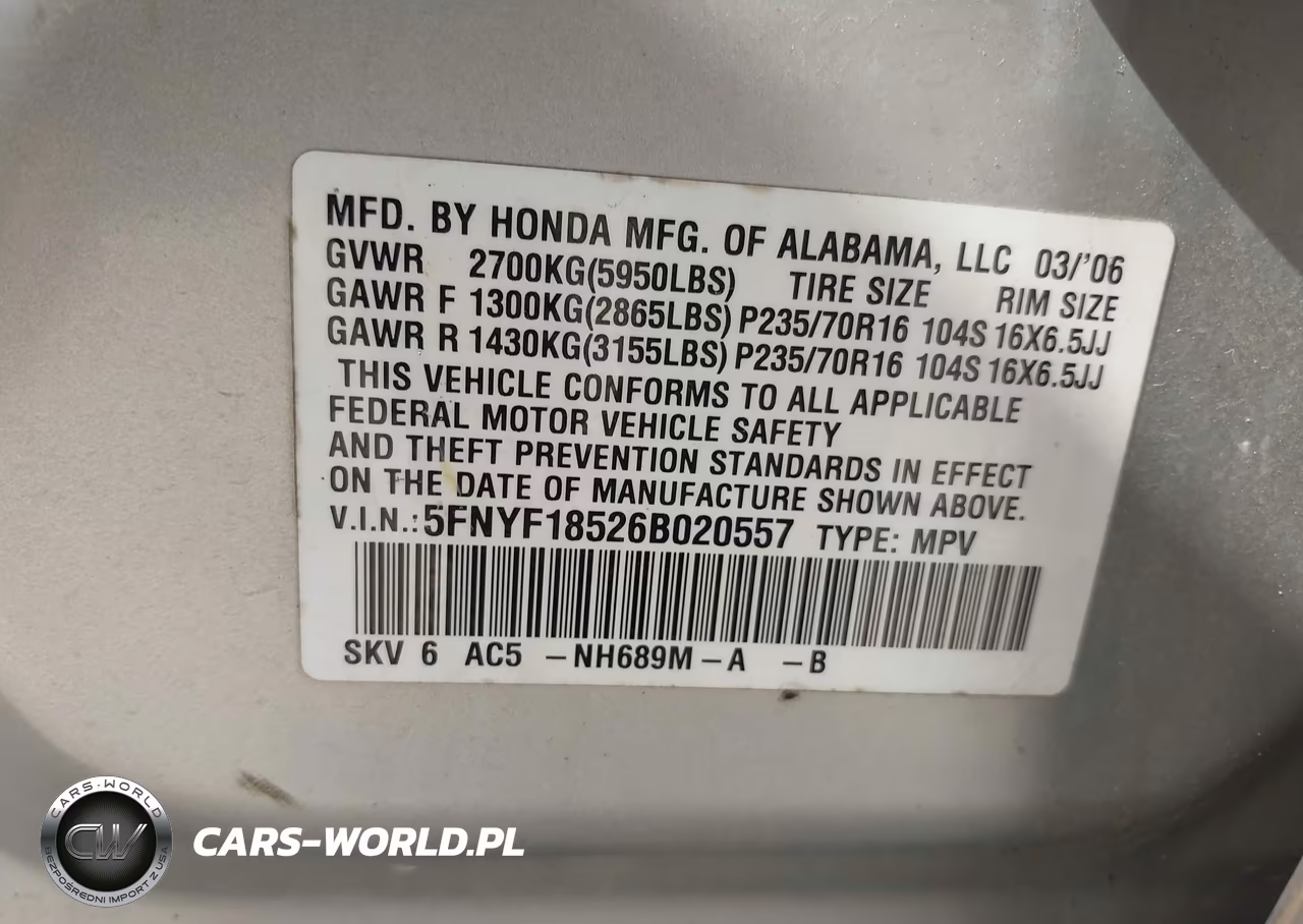 2006 Honda Pilot Ex-L VIN:5FNYF18526B020557 - 9