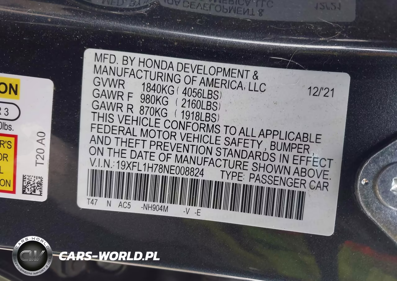 2022 Honda Civic Ex-L VIN:19XFL1H78NE008824 - 9