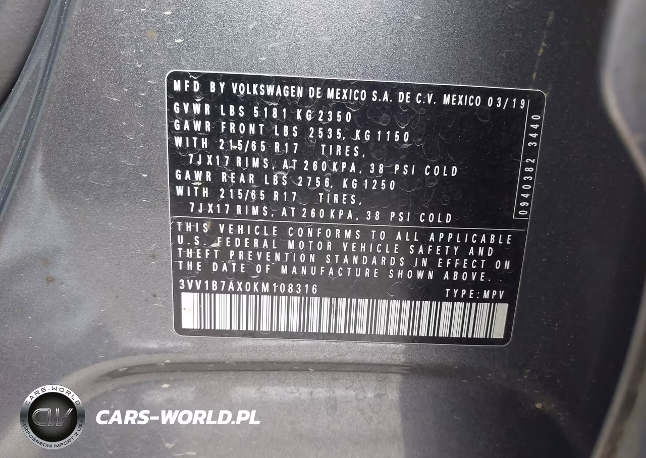 2019 Volkswagen Tiguan 2.0T S VIN:3VV1B7AX0KM108316 - 9