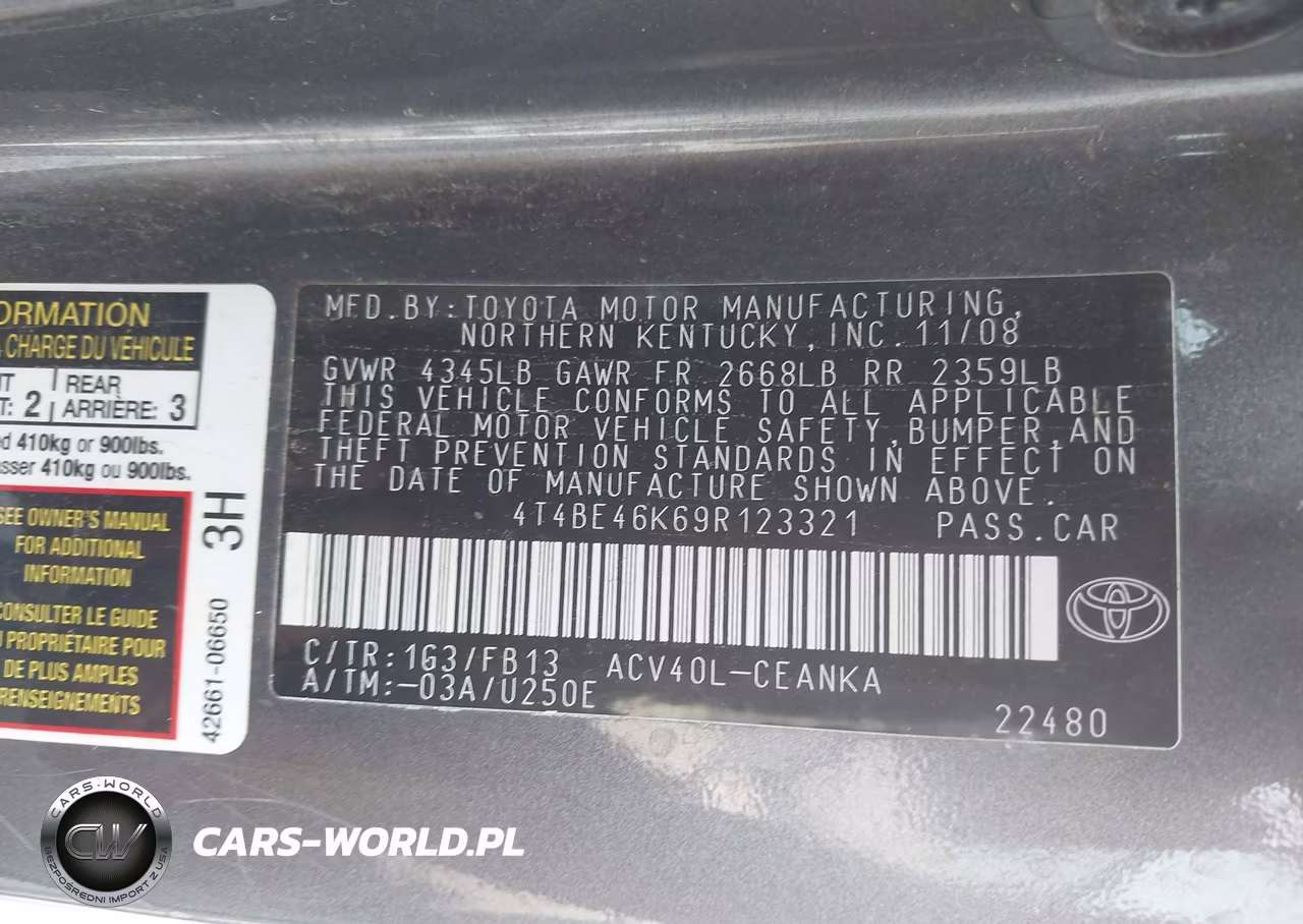 2009 Toyota Camry Le VIN:4T4BE46K69R123321 - 9