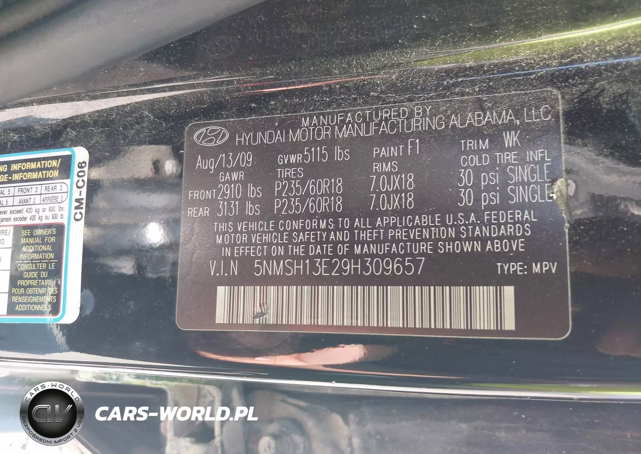 2009 Hyundai Santa Fe Limited VIN:5NMSH13E29H309657 - 9