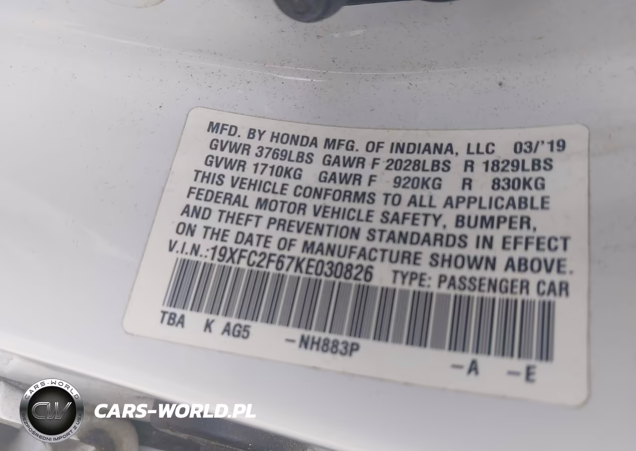 2019 Honda Civic Lx VIN:19XFC2F67KE030826 - 9