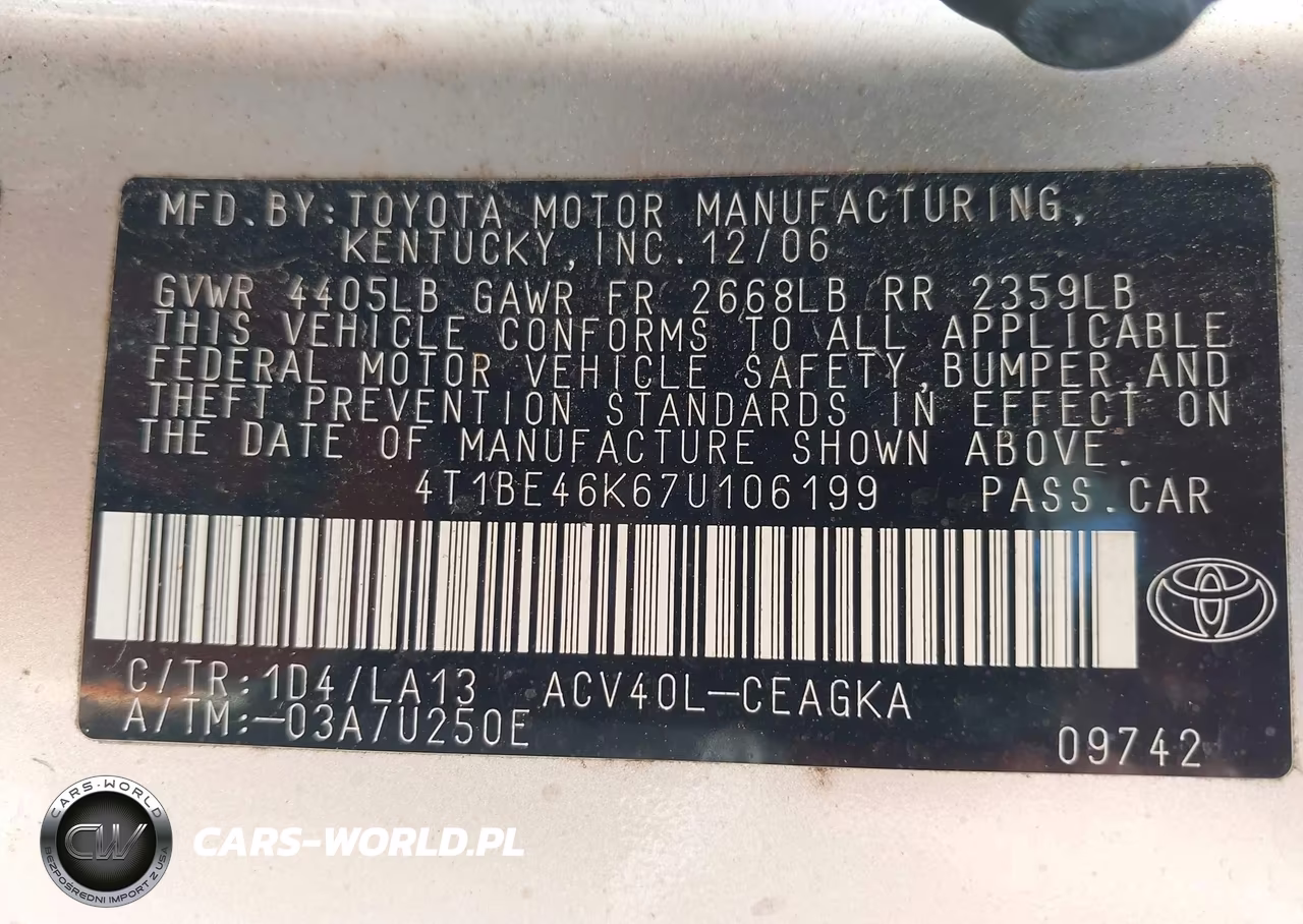 2007 Toyota Camry Xle VIN:4T1BE46K67U106199 - 9
