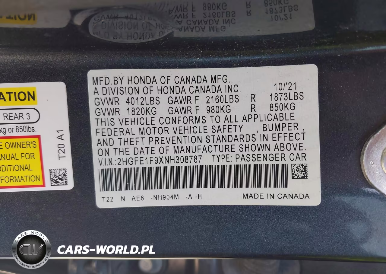 2022 Honda Civic Touring VIN:2HGFE1F9XNH308787 - 9