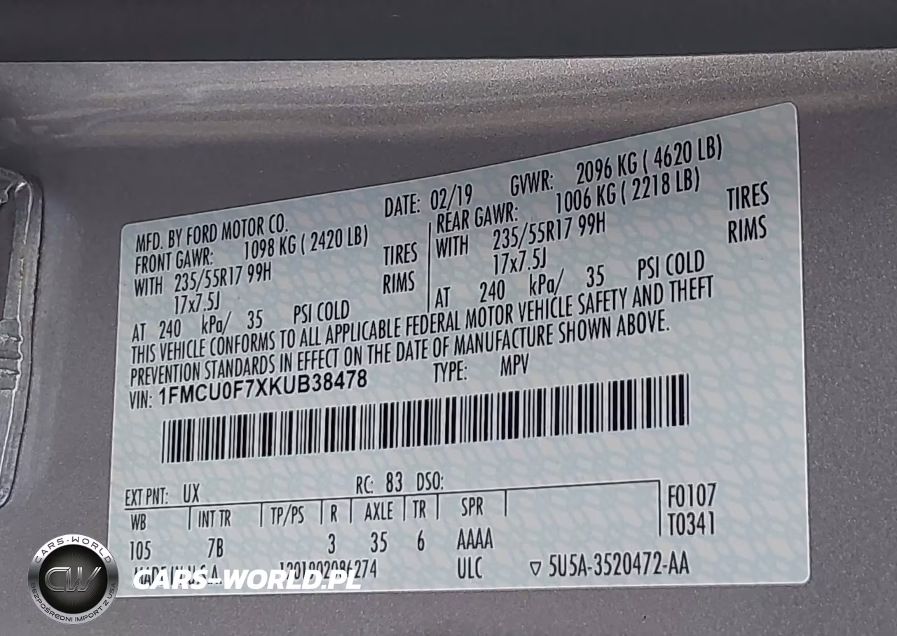 2019 Ford Escape S VIN:1FMCU0F7XKUB38478 - 9