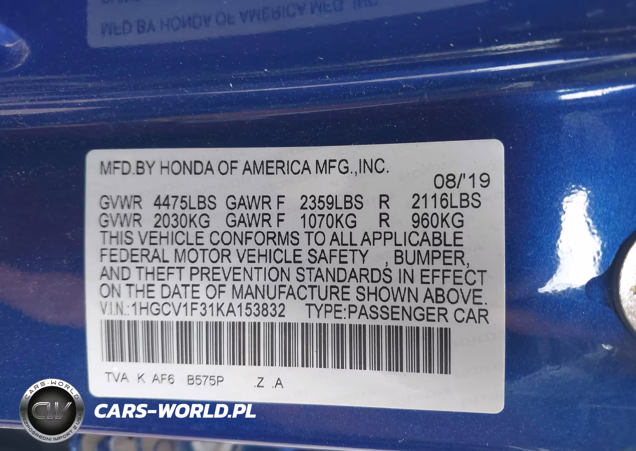 2019 Honda Accord Sport VIN:1HGCV1F31KA153832 - 9