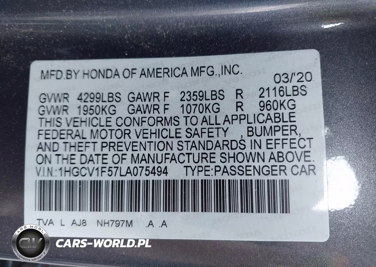 2020 Honda Accord Ex-L VIN:1HGCV1F57LA075494 - 9