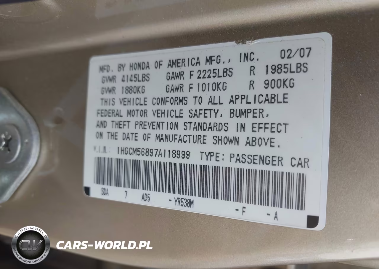 2007 Honda Accord 2.4 Ex VIN:1HGCM56897A118999 - 9