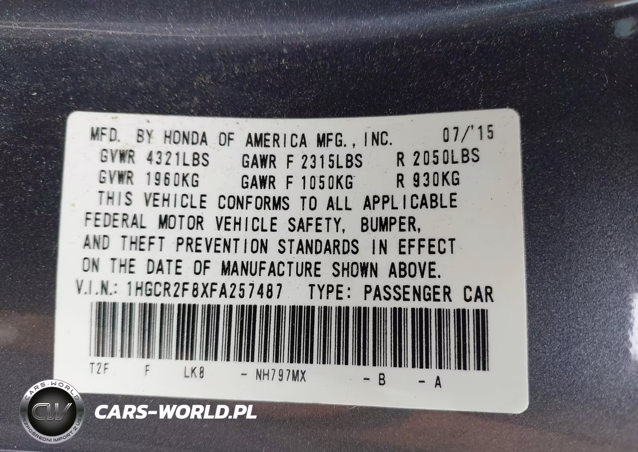 2015 Honda Accord Ex-L VIN:1HGCR2F8XFA257487 - 9