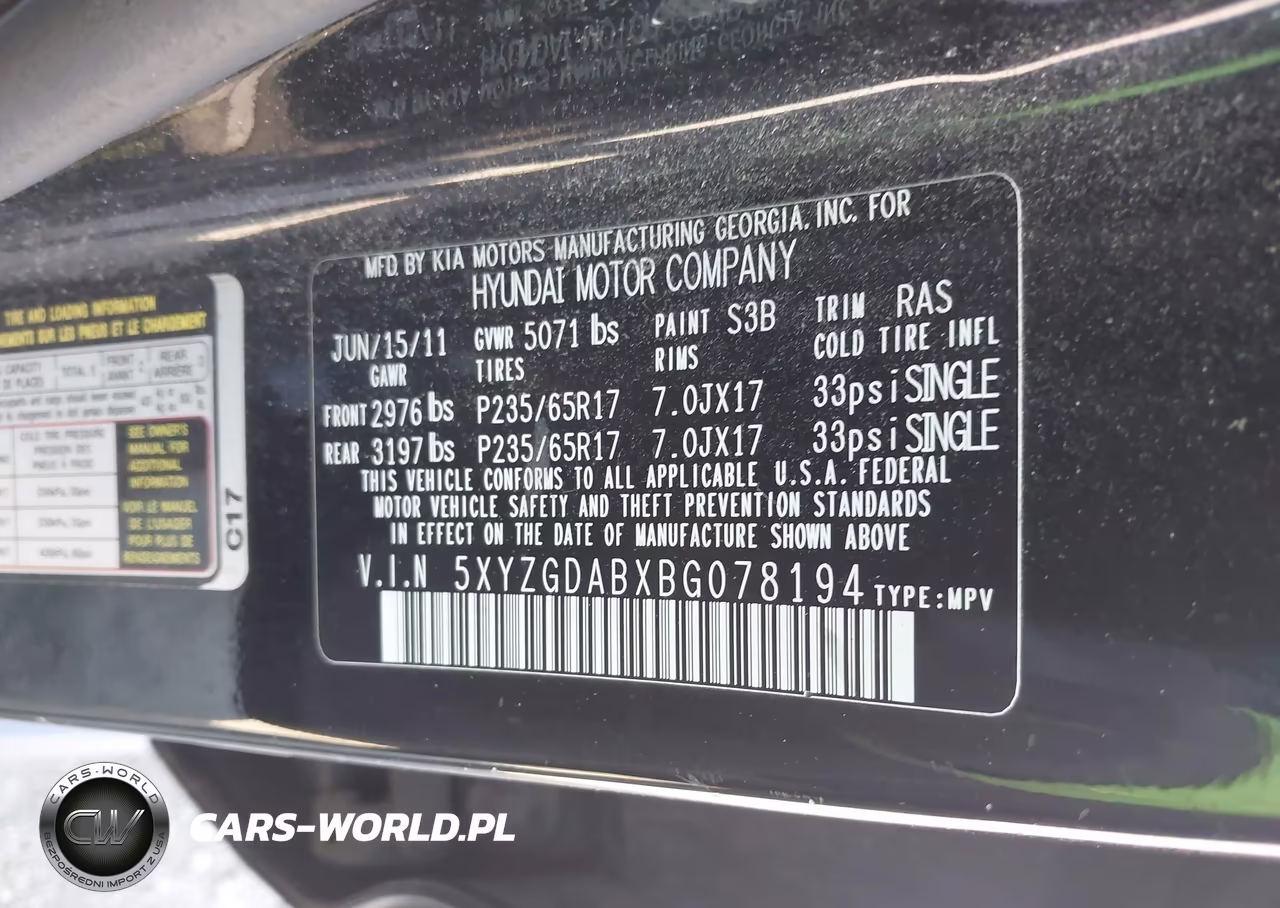 2011 HYUNDAI SANTA FE GLS VIN:5XYZGDABXBG078194 - 9