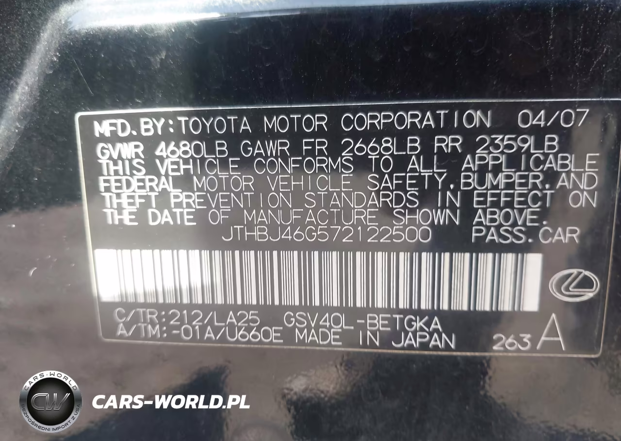 2007 Lexus Es 350 VIN:JTHBJ46G572122500 - 9