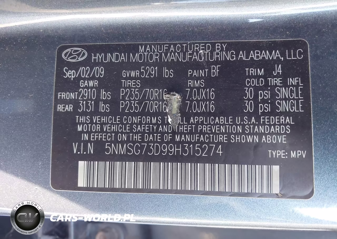 2009 Hyundai Santa Fe Gls VIN:5NMSG73D99H315274 - 9