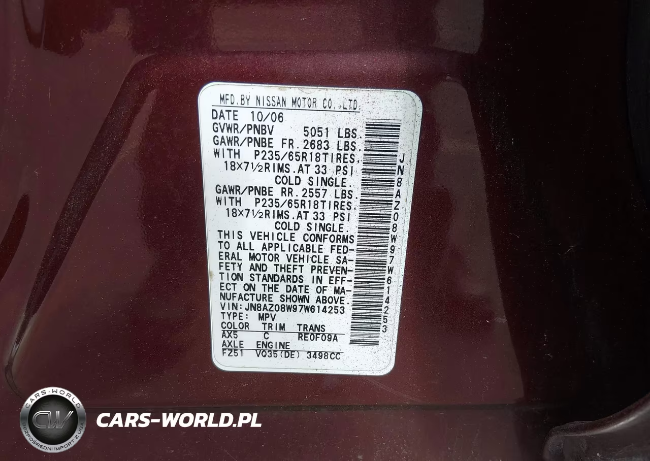 2007 Nissan Murano Sl VIN:JN8AZ08W97W614253 - 9