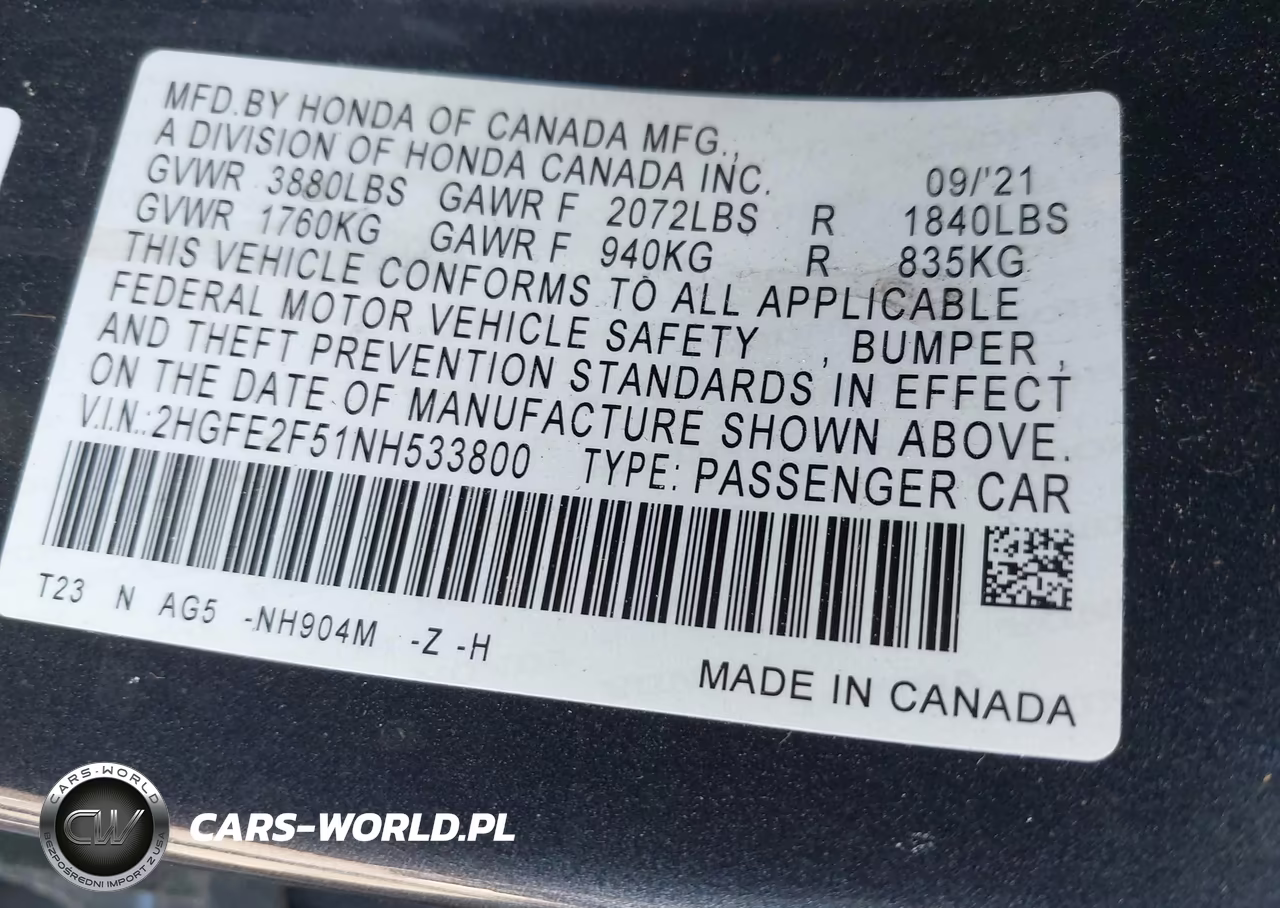 2022 Honda Civic Sport VIN:2HGFE2F51NH533800 - 9