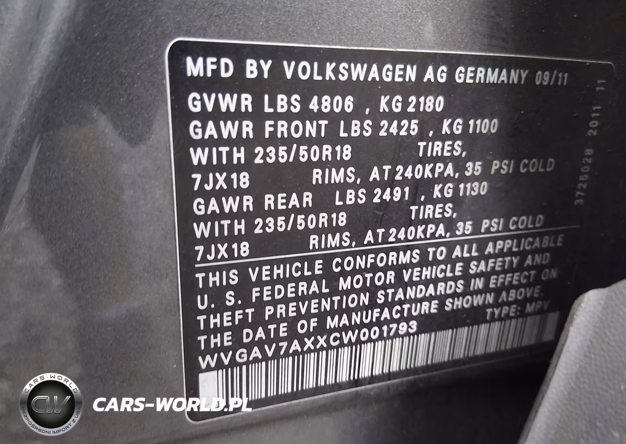 2012 Volkswagen Tiguan Se VIN:WVGAV7AXXCW001793 - 9