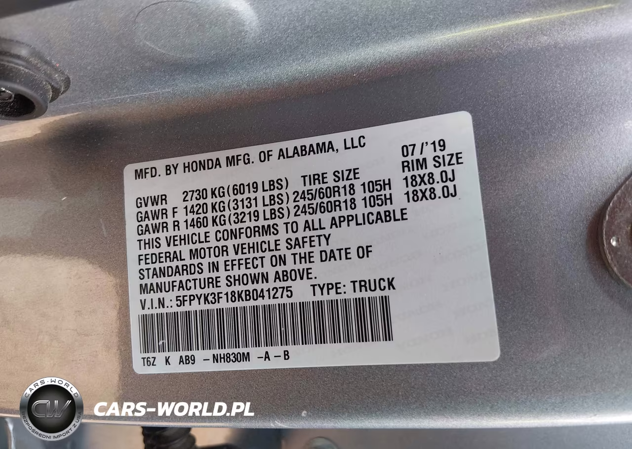 2019 Honda Ridgeline Sport VIN:5FPYK3F18KB041275 - 9