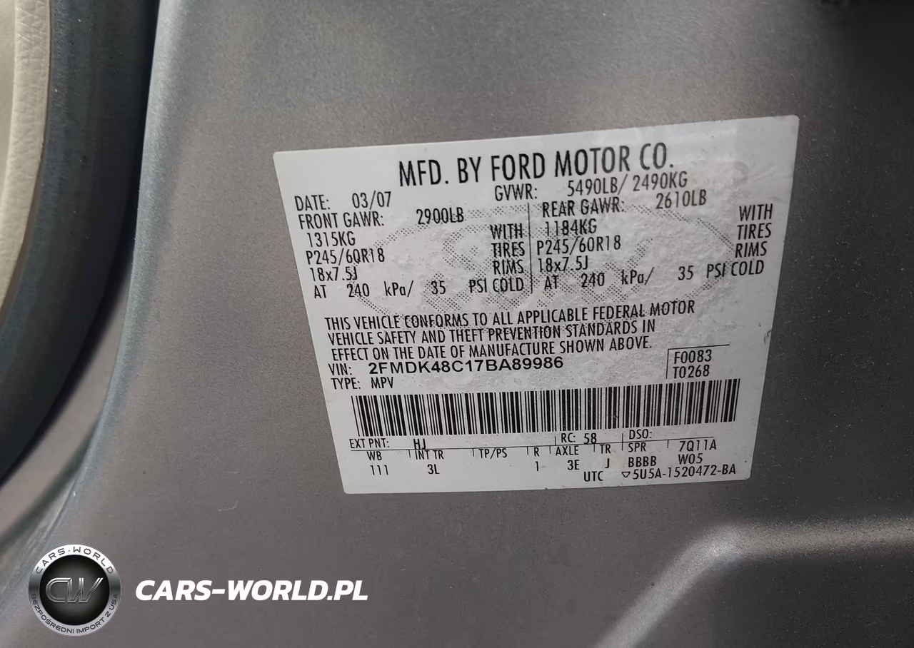 2007 Ford Edge Sel VIN:2FMDK48C17BA89986 - 9