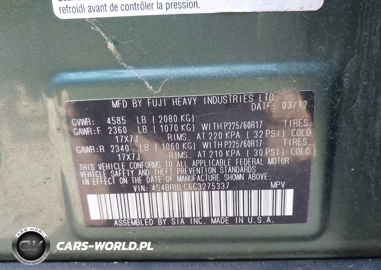 2012 Subaru Outback 2.5I Limited VIN:4S4BRBLC6C3275337 - 9