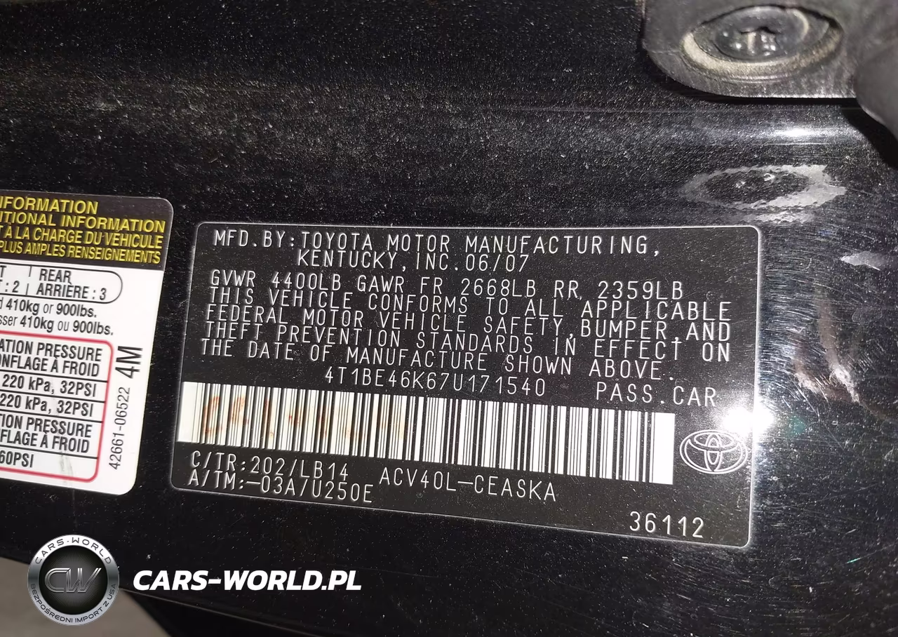 2007 Toyota Camry Se VIN:4T1BE46K67U171540 - 9