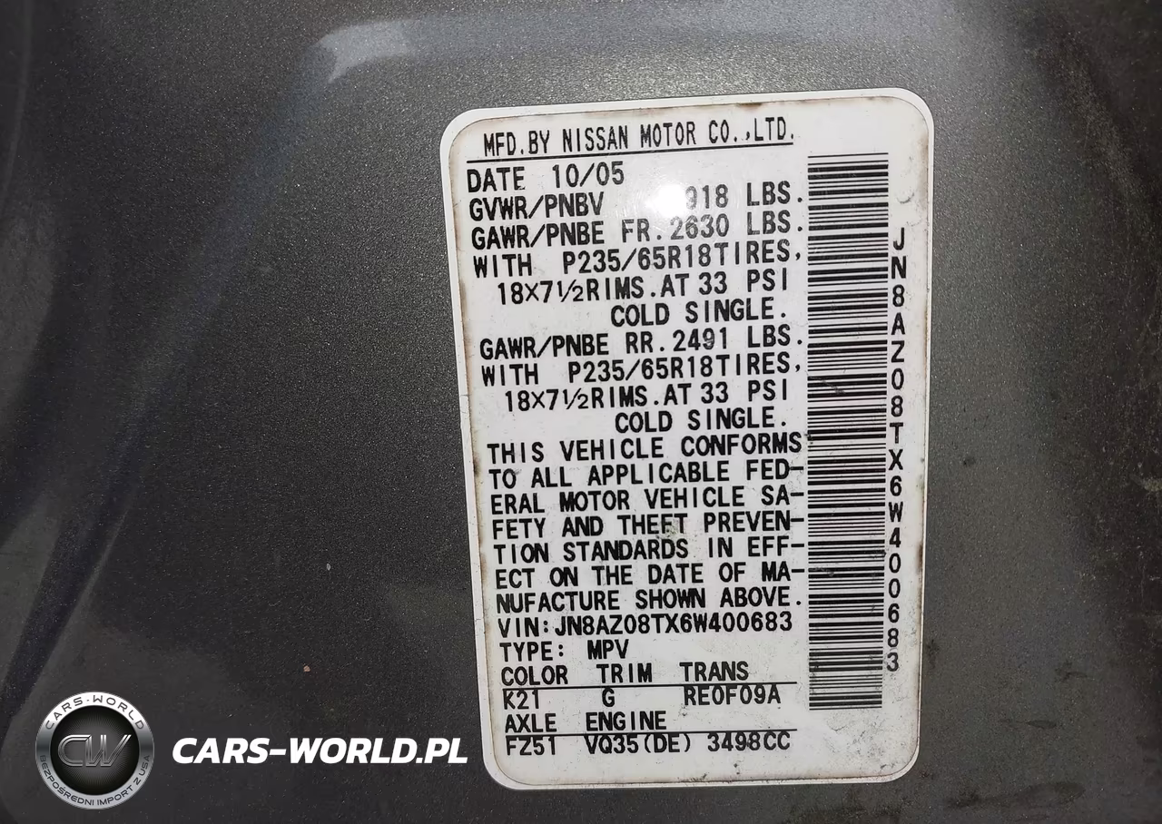 2006 Nissan Murano Sl VIN:JN8AZ08TX6W400683 - 9