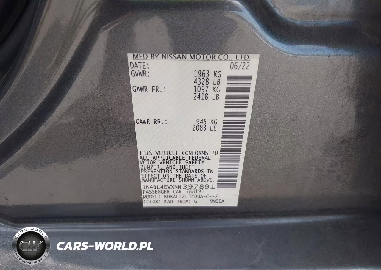 2022 Nissan Altima Sl Fwd VIN:1N4BL4EVXNN397891 - 9