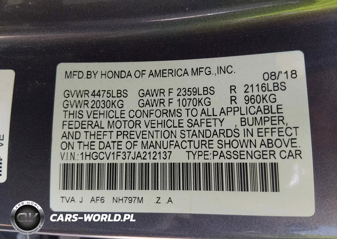 2018 HONDA ACCORD SPO SPORT VIN:1HGCV1F37JA212137 - 9