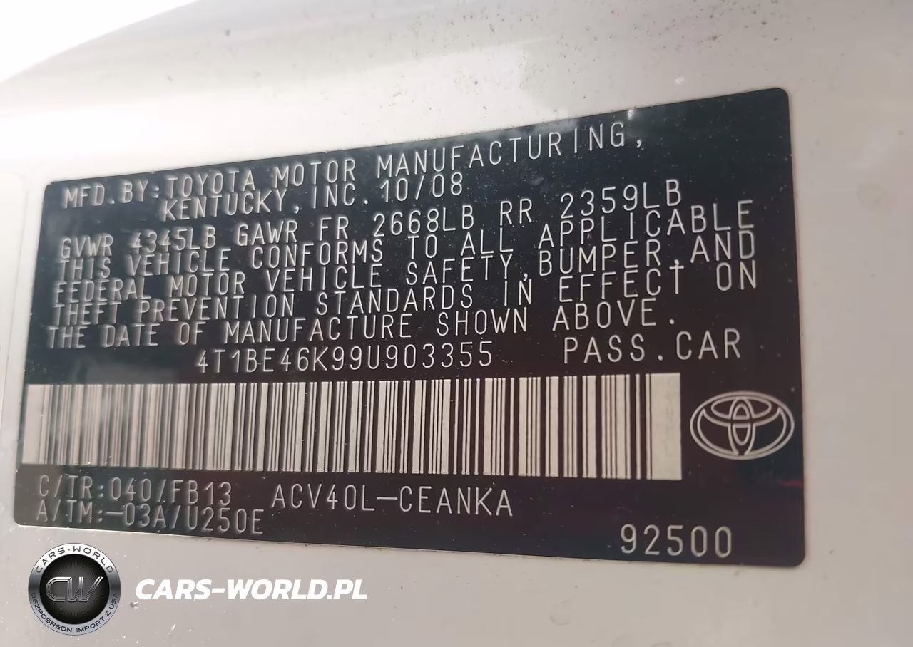 2009 Toyota Camry VIN:4T1BE46K99U903355 - 9